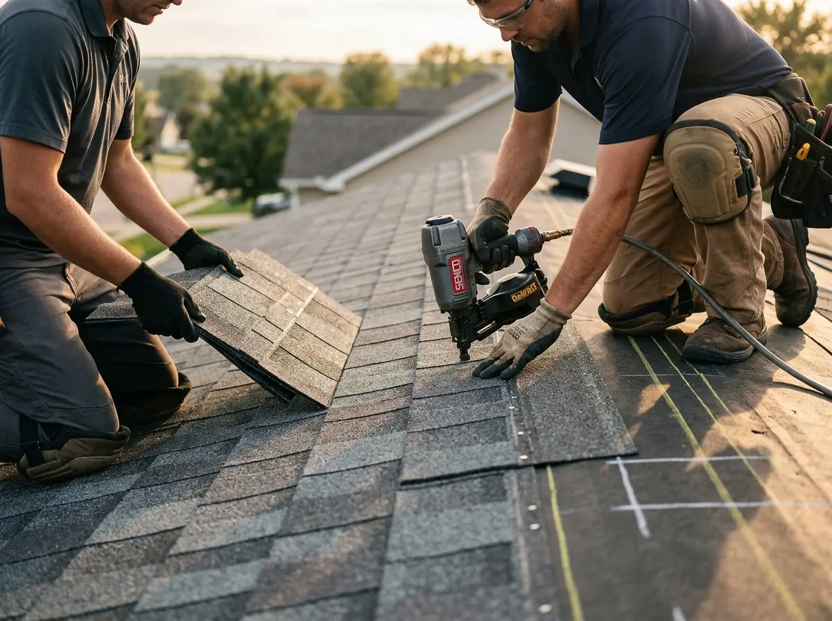 Professional roofer working on a residential roof in Emmett